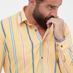 MR BUTTON Men Yellow Slim Fit Striped Cotton Casual Shirt image 5