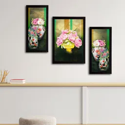 eCraftIndia Set of 3 Green & Pink Botanical & Floral Satin Matt Textured UV Wall Paintings image 2