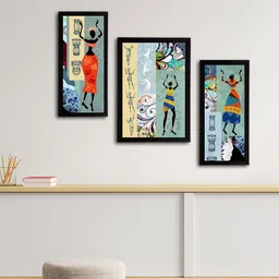 eCraftIndia Set of 3 Green & Orange Tribal Theme Satin Matt Textured UV Wall Paintings image 3