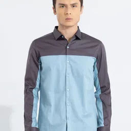 Snitch Blue Classic Colourblocked Pure Cotton Slim Fit Casual Shirt-image-43