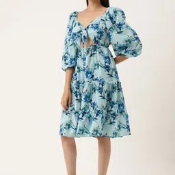 MELOSO Women Blue Floral Printed Cut-Outs A-Line Dress image 3
