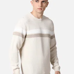 t-base Men Beige & White Striped Pullover Sweater image 5