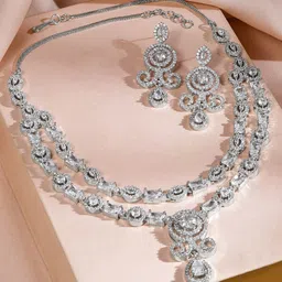 Rubans Rhodium-Plated Baguette-cut Cubic Zirconia Studded Luxe Double-Layer Necklace Set image 5
