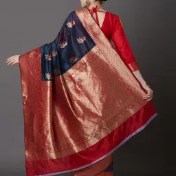 Mitera Navy Blue Silk Blend Woven Design Kanjeevaram Saree image 4