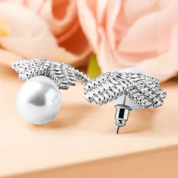 Rubans Rhodium-Plated Cubic Zirconia & Pearl Drop Earrings image 2