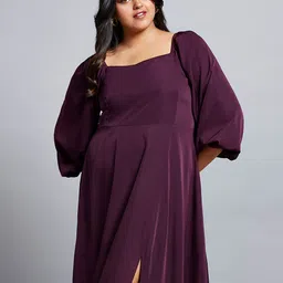 Globus Gloplus Square Neck Bishop Sleeves Flared Hem Side Slit A-Line Plus Size Dress image 5