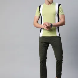 Pierre Carlo Men Green & White Striped Detail T-shirt image 5