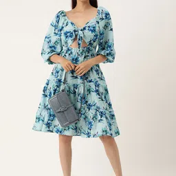 MELOSO Women Blue Floral Printed Cut-Outs A-Line Dress image 2