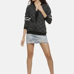 Campus Sutra Women Charcoal Grey Checked Windcheater Bomber Jacket image 4