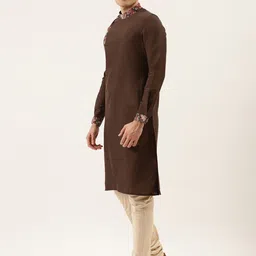 Manyavar Men Coffee Brown & Beige Solid Kurta with Churidar & Nehru Jacket image 4
