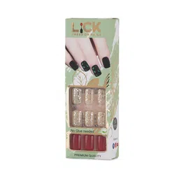 LICK 30 Pcs Glossy Glitter & Stone Fake nails-Artificial Nails-Press On Nails - Red image 4