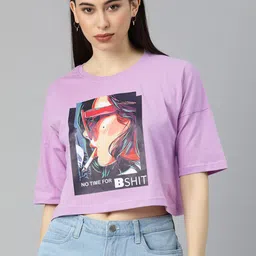 JUNEBERRY Women Purple & Black Graphic Printed  Crop Cotton T-shirt-image-81