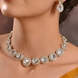 Fida Ethnic Silver Plated CZ Stone Choker Necklace with Earrings Jewellery Set for Women-image-54
