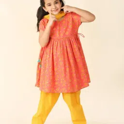 Fabindia Kids Coral & Yellow Floral Print Kurta, Salwar with Dupatta-image-17