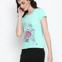 Clovia Turquoise Graphic Print T-Shirt image 3