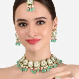 Zaveri Pearls Green & Pink Meenakari Kundan Choker Necklace Earring Maangtikka & Ring Set-ZPFK12211-picture-13