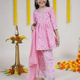 Kiddopanti Girls Pink & White Printed Kurta, Sharara with Dupatta-picture-42