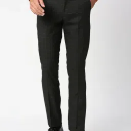 SOLEMIO Jet Black Slim Fit Check Flat Front Trousers-image-0