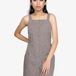 VASTRADO Brown Cotton Chequered Pinafore Dress-picture-17