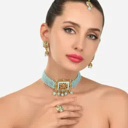 Zaveri Pearls Turquoise Meenakari Crystals Woven Necklace, Earring, Maangtikka & Ring Set-ZPFK12200-image-45