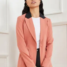 Styli Contrast Collar Longline Blazer with Single Button-picture-14