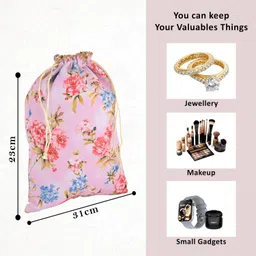 kuber industries 4 Pcs Silk Drawstring 9x12 Inch Medium Potli Pouch | Goodie Bags for Return Gift | Shagun Potli for Gifting | Wedding & Baby Shower Goody Pouch | Digital Flower - Cream & Pink image 3