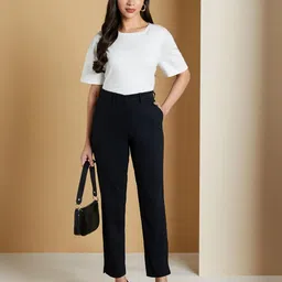 symbol premium Women's Mid Rise Cotton Tapered Trousers (Flexi-Waist | Smart Casual Pants) image 3