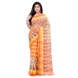 db desh bidesh Women`s Bengal Tant Kolka Print Design Pure Handloom Cotton Saree Without Blouse Piece (Red Yellow) image 3