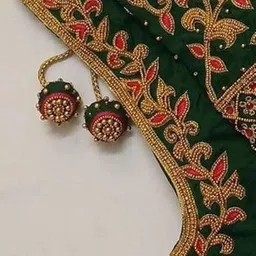 Maggam aari hand made heavy work blouse piece green- 1 meter unstriched image 2