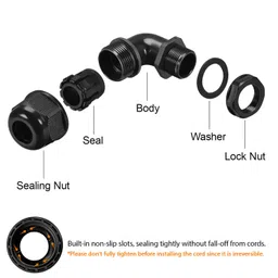 LeMotech M25 Cable Gland, 90 Degree Adjustable 13-18mm Strain Relief, Cord Connectors Nylon Joints with Gaskets, 2 Pcs, Black image 4