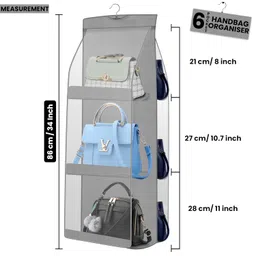 granth bag manufacturing india GBMI 2 Pcs Combo Oxbow 6 Pocket Bag Organiser for Wardrobe Purse Clutch Handbag Storage Organizer Bags Holder with Hanger, Ladies, Women, 90 X 35 X 35 Cm (Grey) image 2