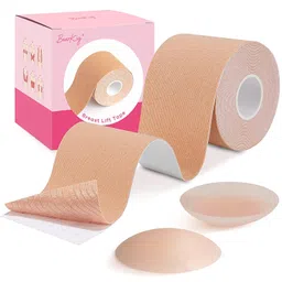 bearkig Breast Lift Tape, Boob Tape for Breast Lift & Shape, Bob Tape for Large Breast, Breathable Push Up Tape, Invisible Body Tape, Boobytape Along with 1-Pair Sticky Reusable Silicone Covers (Beige), image 1