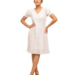 fiorra Women's White Schiffli Work Cotton Skater Dress image 1