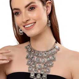shining diva fashion Latest Stylish Traditional Oxidised Silver Necklace Jewellery Set for Women (13115s) image 3