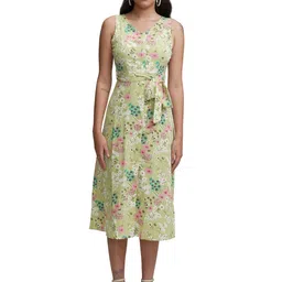 tokyo talkies Women's Elegant Floral Printed A-Line Midi Dress with Belt A Sleeveless Stunner for Effortless Charm image 1