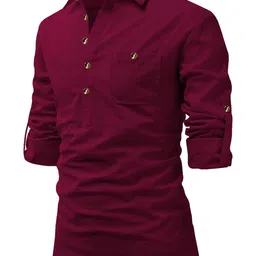 crowntail Men Pure Cotton Slim Fit Roll Up Full Sleeve Spread Collar Short Kurta with Stylish Design | Super Soft Comfortable Beige Color Kurta for Casual Outings image 1