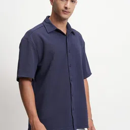highlander Men's Solid Loose Fit Shirt (HLZS000149_Navy image 4