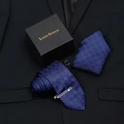 louis stitch Mens Blue Italian Silk Necktie Set Incl Pocket Square Chrome Tiepin American Style Formal Tie Gift Set for Men (TECPBU-#) image 3