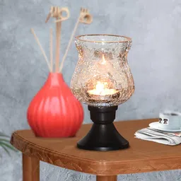 Pure Source India Crackle Glass Tealight Candle Holder - Decoration Item for Home, Transparent image 2