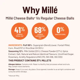 millé: a supergrain co. Mille Cheese Balls | 37% Millets | Baked | No Palm Oil | Not Fried, 0 Preservatives | 0 Trans Fat | Healthy Snacks | Naturally Gluten Free | 35g x 4 image 3
