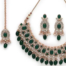 sukkhi Bright Gold Plated Green Ad Stones With Drop Beads Studded Choker Necklace Set For Women image 5