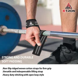XTRON Weight Lifting Wrist Straps, Wrist Supporter with Cuff Padded, use for Deadlift, Powerlifting, Strong Straps anti-skid Improve Bar Grip & Lift Heavy Weight Gym Workout, Strength Training Fitness Exercise, Accessories for Men & Women, Pack of 2 straps (Wrist Straps, DX.054)Black Grey image 3
