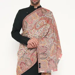 pashtush Mens Extra Fine Wool Stole, Paisley Design, Beige image 3