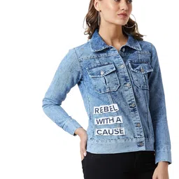 miss chase Women's Light Blue Collared Solid Full Sleeve Regular Length Denim Jacket image 3