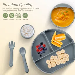 BAYBEE Silicone Baby Feeding Set Of 6 Pcs Solid Tableware Kit For Toddler Kids|Food Grade Bpa Free&Microwave Safe Divided Plate With Adjustable Feeding Bib,Water Cup,Suction Bowl Spoon&Fork(Grey) image 3