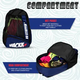 WHACKK Dolphin 26L Unisex Swimming Gym Equipment Backpack |Diving Surfing Sports Bag|Separate Wet Dry Compart|Pocket for Cap & Goggles|Lightweight|Water Resistant|for Men Women (Navy Black) image 4