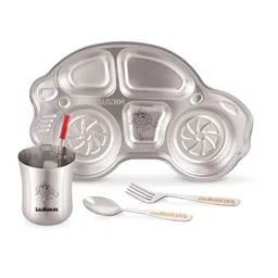 LiLLMONKiDZ Stainless Steel Plates Tableware for Kids | Creative Shape Plates Set | Compartment Plate Set with Glass, Spoon and Fork | (Car) - Kid's Dinner Set image 1
