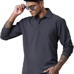 Men's Stylish Textured Full Sleeve Polo T-Shirt (Steel Blue) image 1