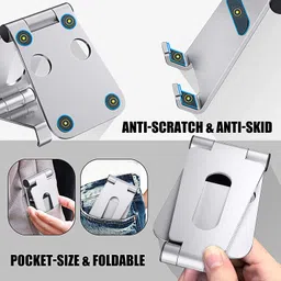 ELV Aluminium Adjustable Mobile Phone Foldable Holder Tabletop Stand, Dock Mount for All Smartphones, Tabs, Kindle, iPad, Moonlight Silver image 5