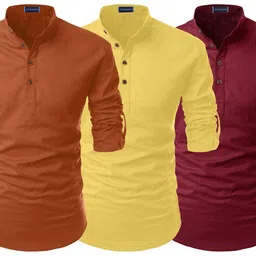 zombom Men's Combo Cotton Blend Solid Mandarin/Chinese Collor Full Sleeve Kurta Shirt (Pack of 3) image 1